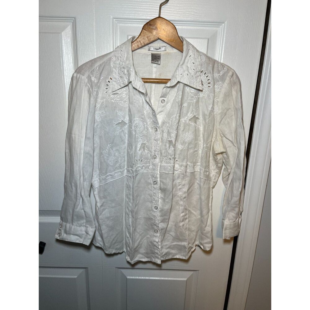 Edward White Embroidered Linen Blend Button Front Blouse Women's Size L